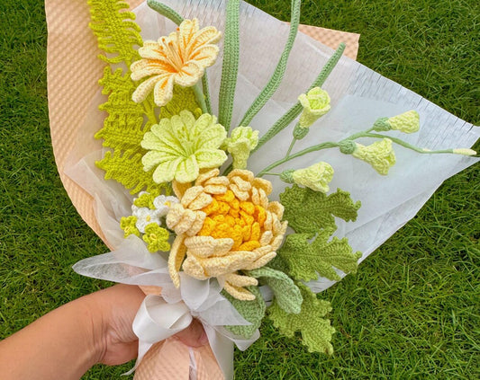 Ramo de dalias de crochet, hecho a mano, regalo personalizado para novia, decoración del hogar, flor de rosa tejida, flor para siempre, ramo de dalias