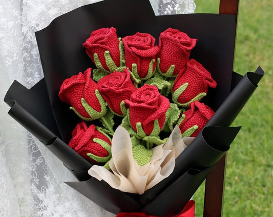 Ramo de rosas de crochet, juego de 6/9, hecho a mano, regalo personalizado para novia, decoración del hogar, flor de rosa tejida, flor para siempre