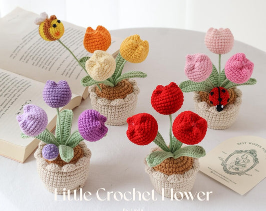 Maceta de tulipán de ganchillo hecha a mano, miniplanta amigurumi, regalo de flores, decoración de primavera para el hogar, bonita decoración de escritorio, regalo para el día de la madre