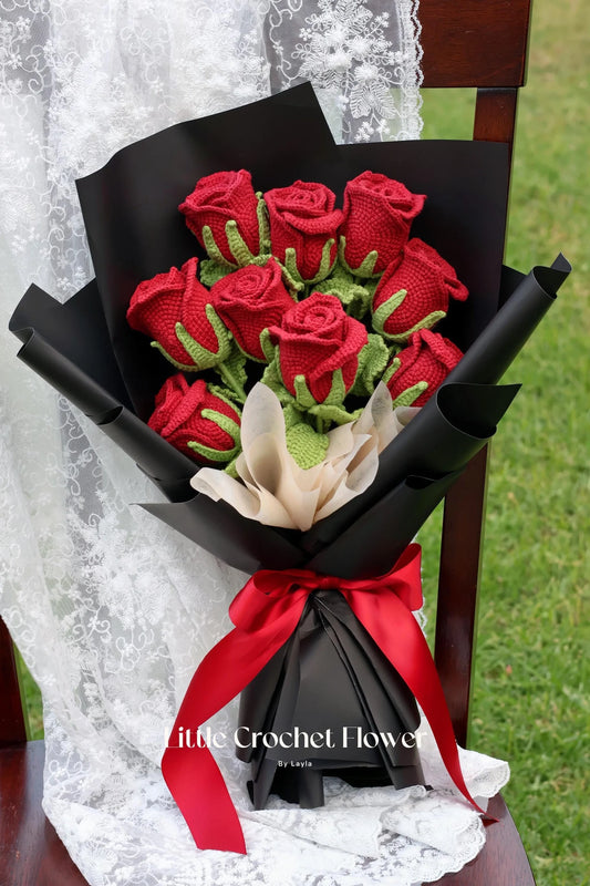 Crochet Rose bouquet, set of 6/9, hand made, personalized gift for girl friend, home decoration, knitted Rose flower, forever flower