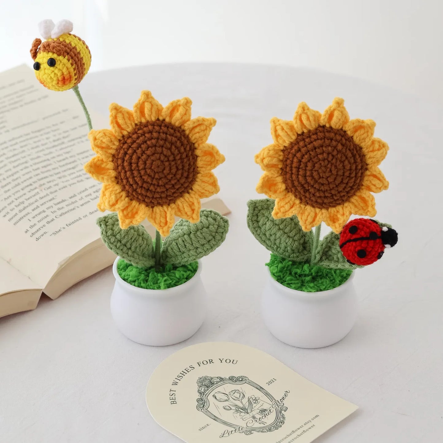 Crochet sunflower in pot handmade personalized gift for mother home decor desk decor knitted sunflowers with bee birthday gift for her